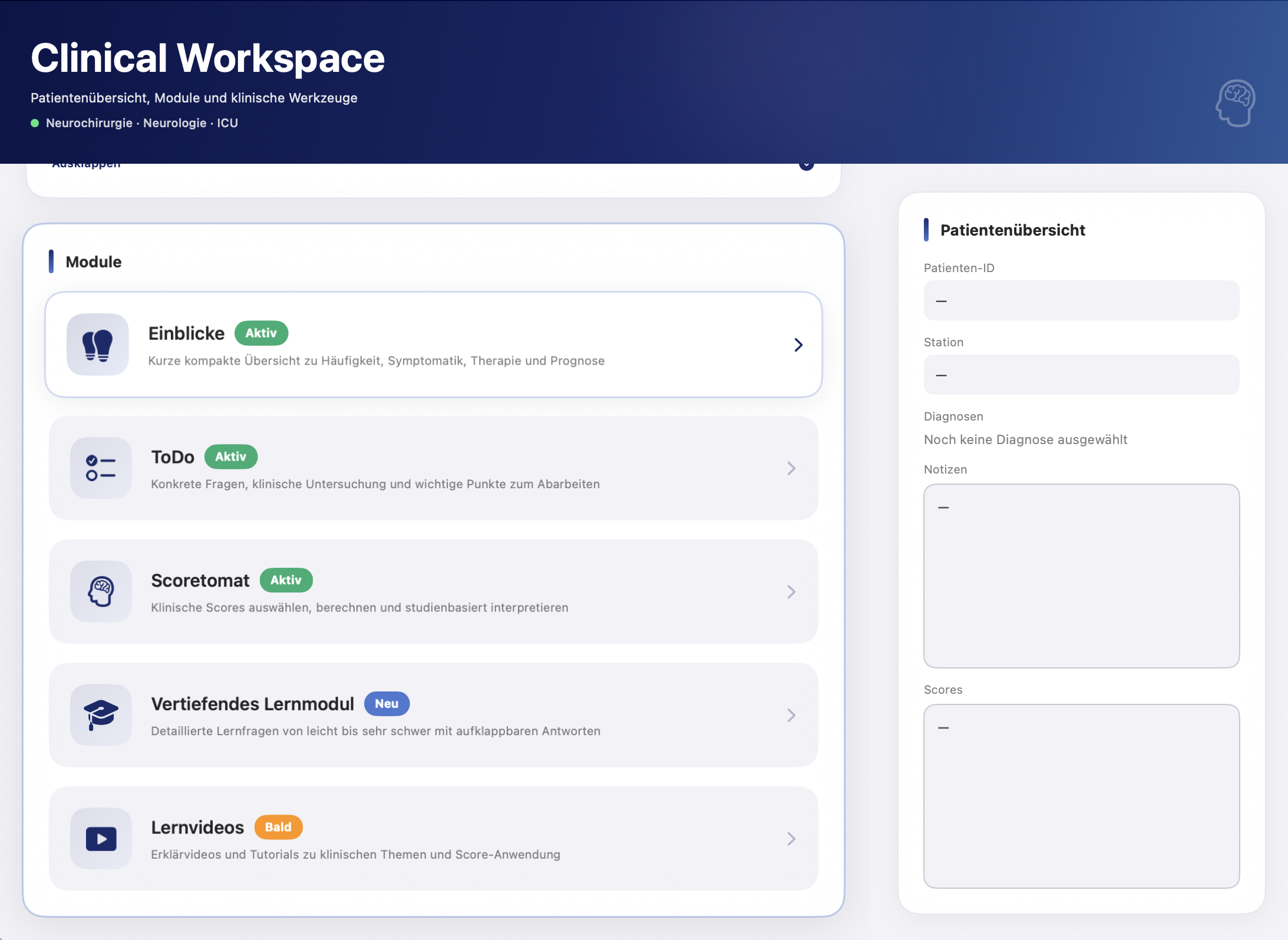 Programmvorschau eines klinischen digitalen Systems