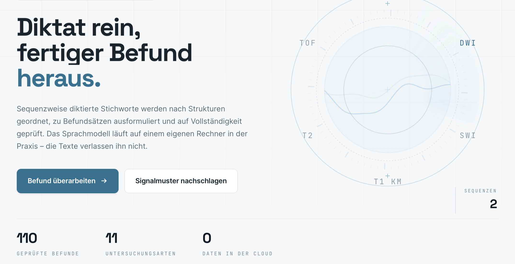Befund-KI – Startseite: Diktat rein, fertiger Befund heraus